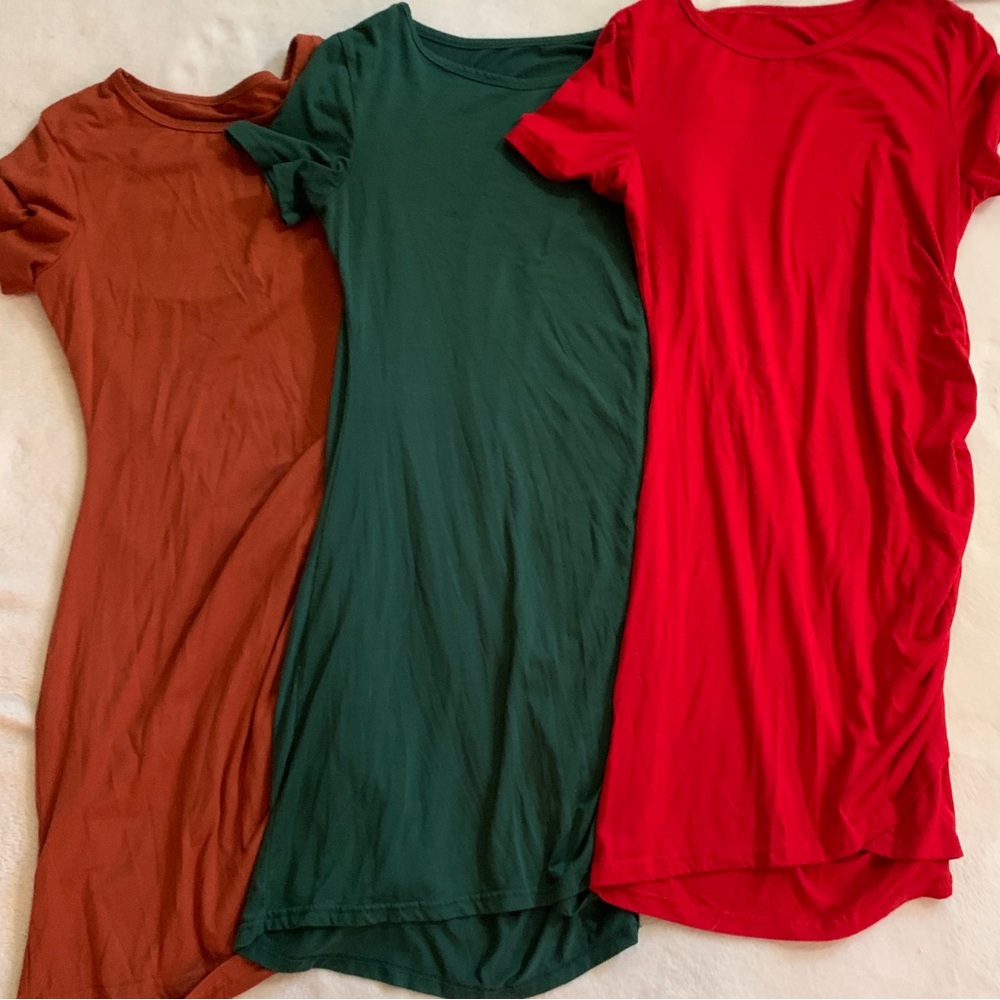 Set of Three Casual Dresses in Red, Green, and Brown